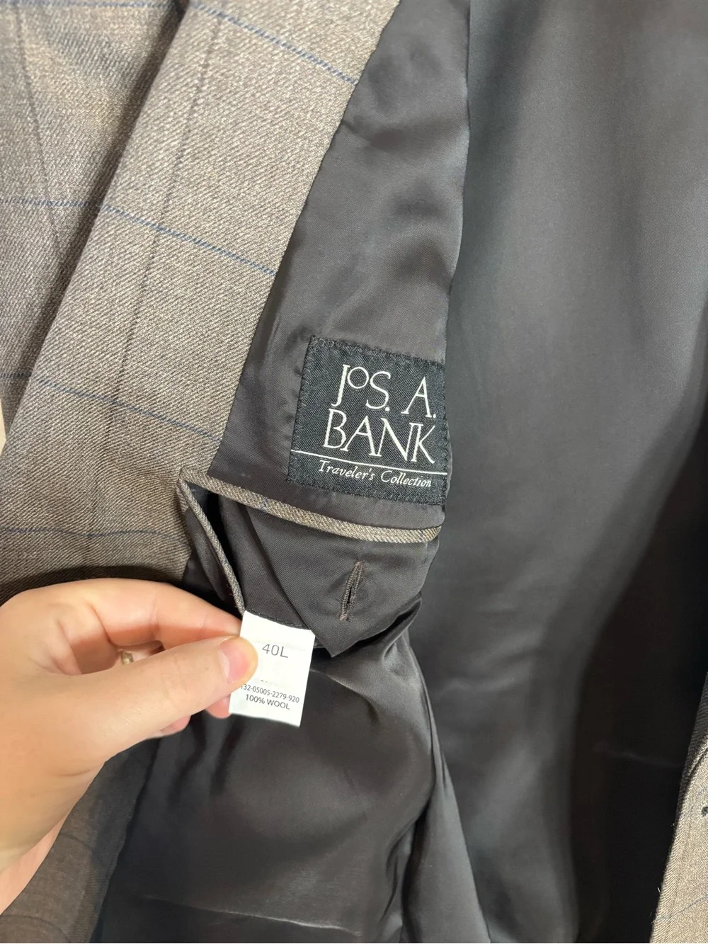 Jos A Bank Traveler Blazer Jacket Mens 40L Tailored Fit Grey Windowpane Wool